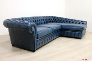 Vintage Chesterfield Sofa aus blauem Leder mit Halbinsel