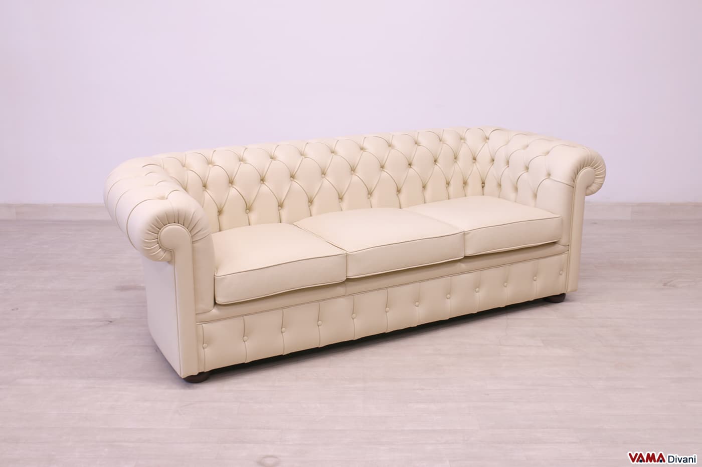 3-Sitzer Chesterfield Sofa aus beigem Dickleder